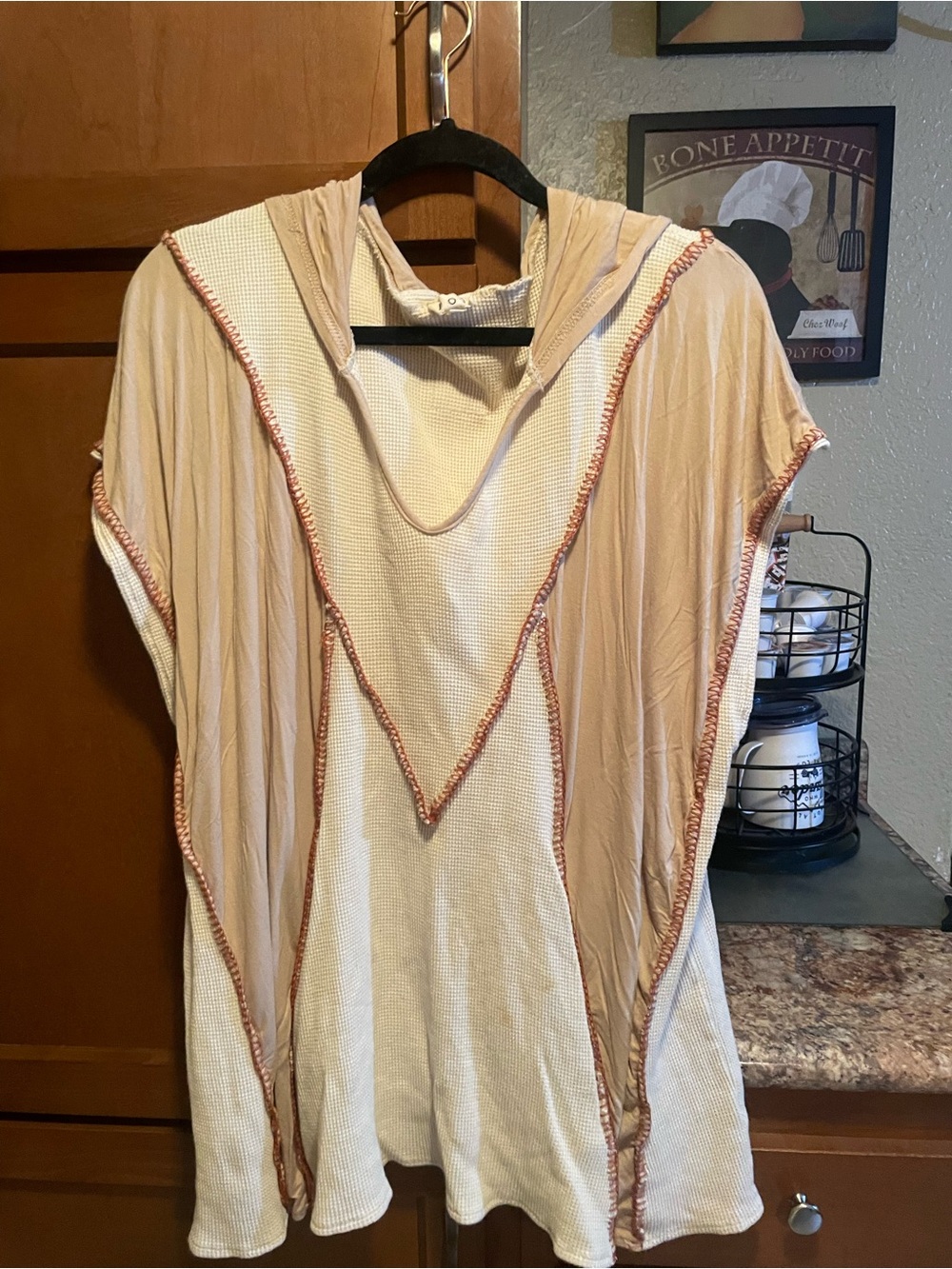 POL Hooded Poncho Tunic in Cream with Tan Trim